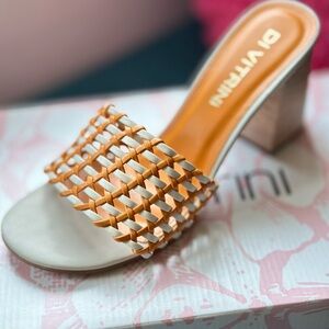 Women's Cream and Tan Woven Mules